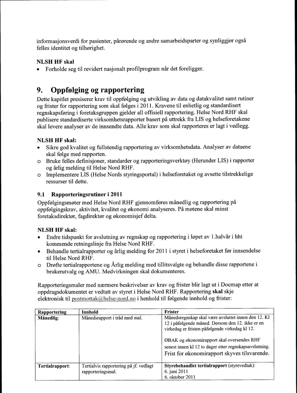 Oppfølging og rapportering Dette kapitlet presiserer krav til oppfølging og utvikling av data og datakvalitet samt rutiner og frister for rapportering som skal følges i 2011.