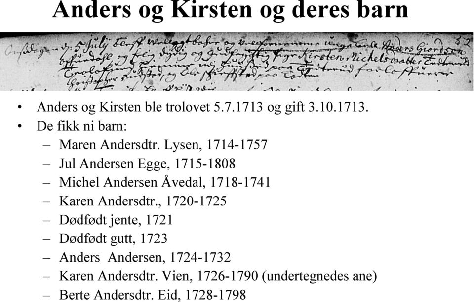 Lysen, 1714-1757 Jul Andersen Egge, 1715-1808 Michel Andersen Åvedal, 1718-1741 Karen Andersdtr.