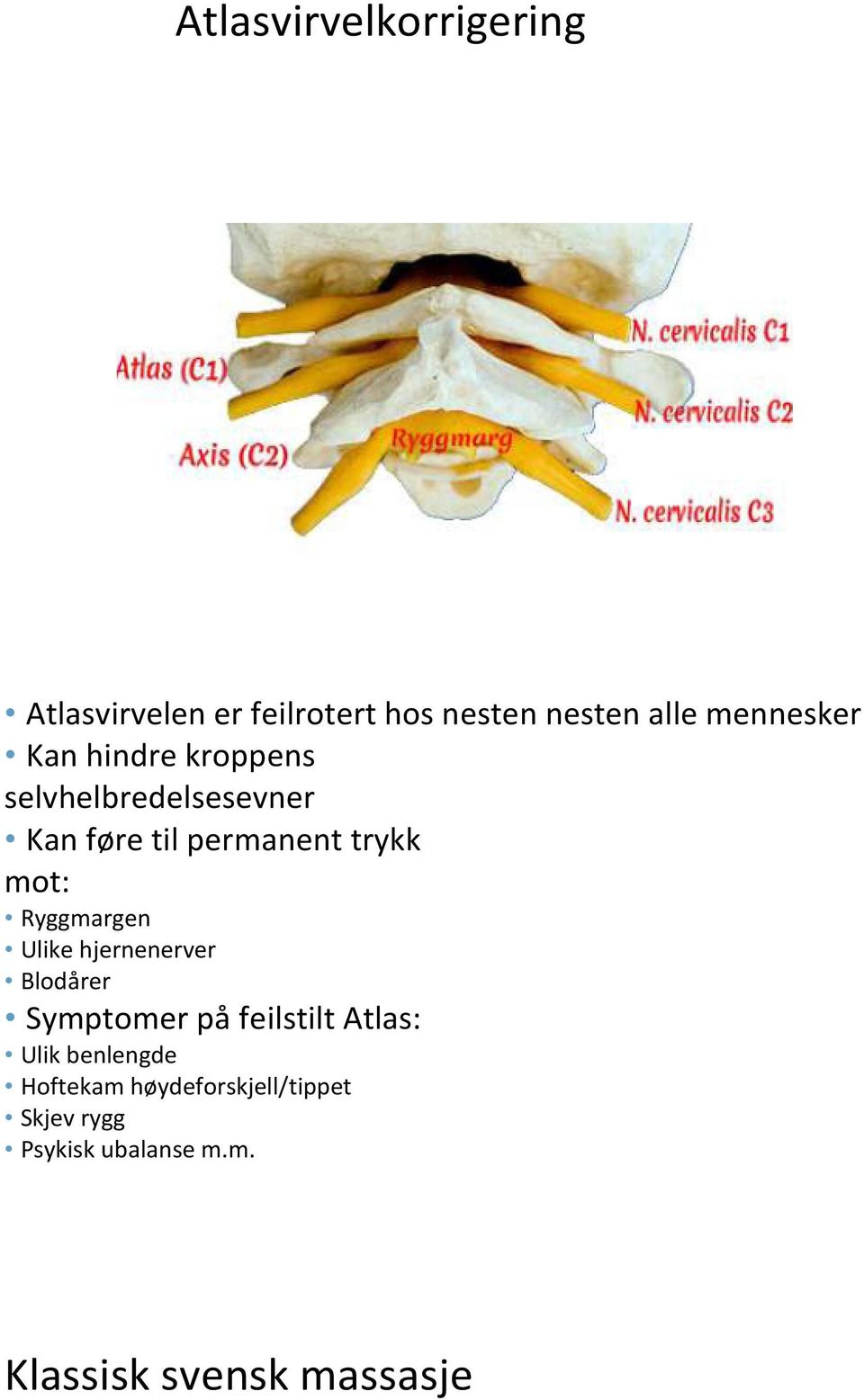 mot: Ryggmargen Ulike hjernenerver Blodårer Symptomer på feilstilt Atlas: Ulik