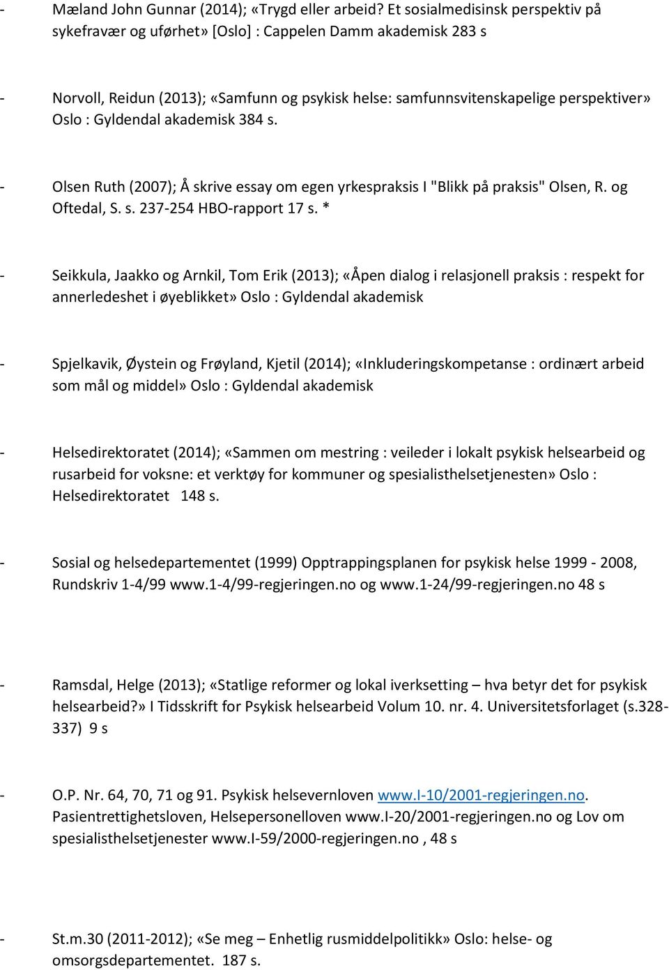 Gyldendal akademisk 384 s. - Olsen Ruth (2007); Å skrive essay om egen yrkespraksis I "Blikk på praksis" Olsen, R. og Oftedal, S. s. 237-254 HBO-rapport 17 s.