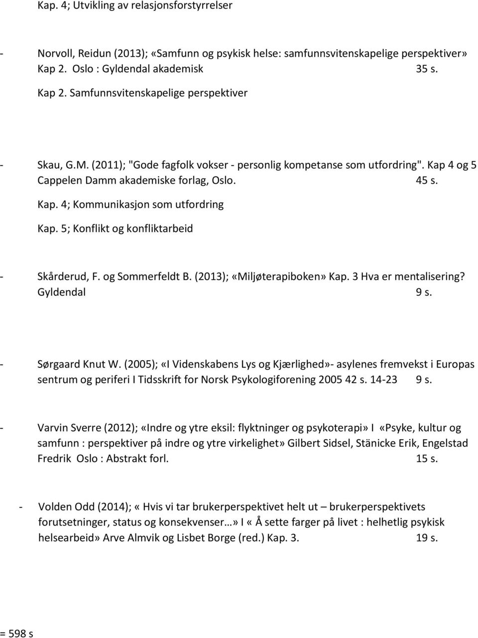 5; Konflikt og konfliktarbeid - Skårderud, F. og Sommerfeldt B. (2013); «Miljøterapiboken» Kap. 3 Hva er mentalisering? Gyldendal 9 s. - Sørgaard Knut W.