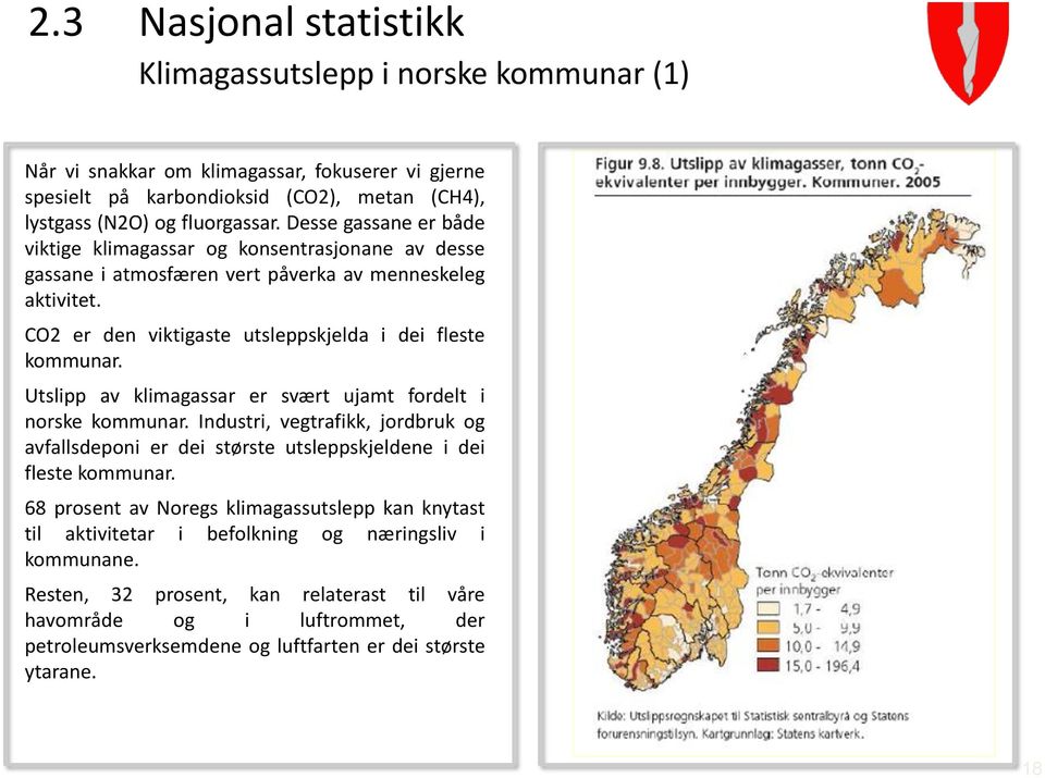 Utslipp av klimagassar er svært ujamt fordelt i norske kommunar. Industri, vegtrafikk, jordbruk og avfallsdeponi er dei største utsleppskjeldene i dei fleste kommunar.