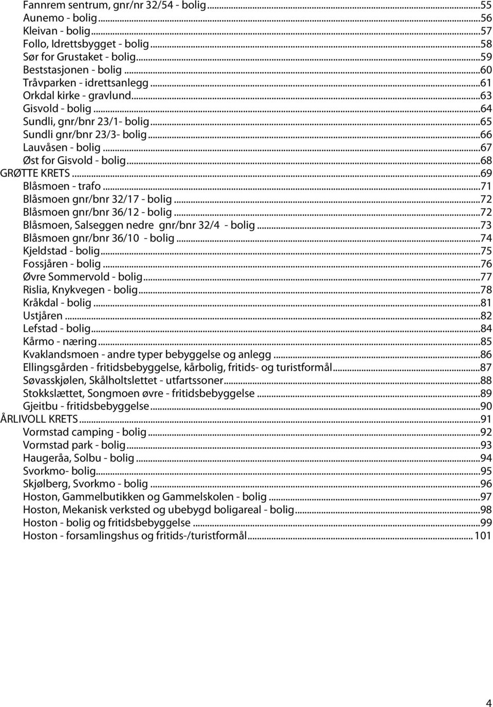 .. 67 Øst for Gisvold - bolig... 68 GRØTTE KRETS... 69 Blåsmoen - trafo... 71 Blåsmoen gnr/bnr 32/17 - bolig... 72 Blåsmoen gnr/bnr 36/12 - bolig... 72 Blåsmoen, Salseggen nedre gnr/bnr 32/4 - bolig.