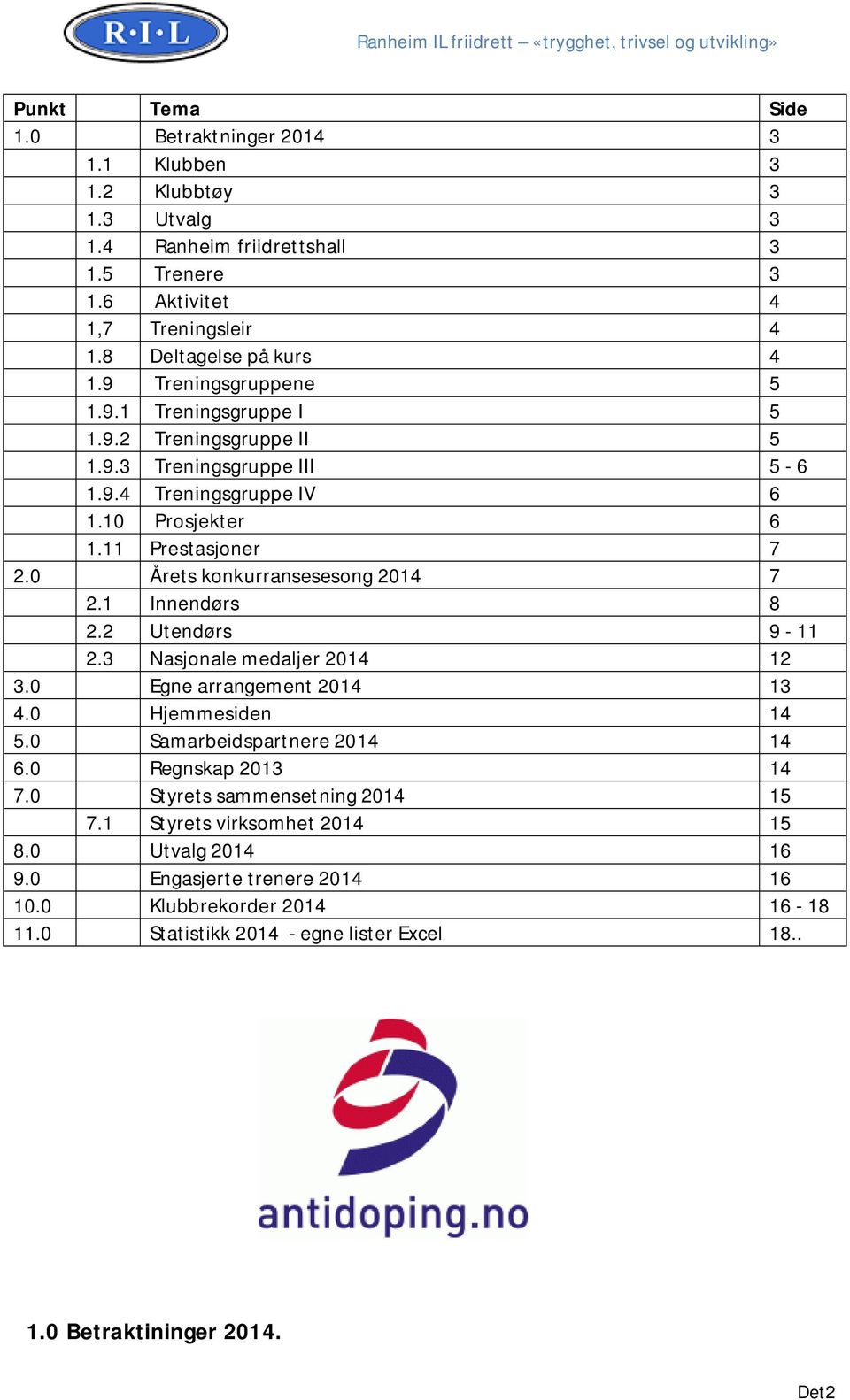 0 Årets konkurransesesong 2014 7 2.1 Innendørs 8 2.2 Utendørs 9-11 2.3 Nasjonale medaljer 2014 12 3.0 Egne arrangement 2014 13 4.0 Hjemmesiden 14 5.0 Samarbeidspartnere 2014 14 6.