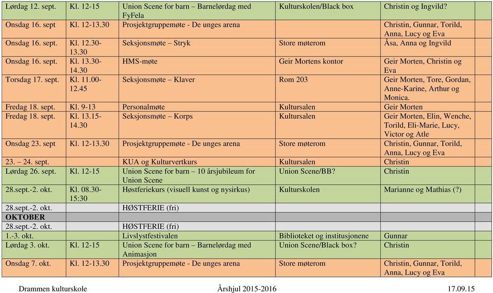 sept. Kl. 11.00-12.45 Seksjonsmøte Klaver Rom 203 Geir Morten, Tore, Gordan, Anne-Karine, Arthur og Monica. Fredag 18. sept. Kl. 9-13 Personalmøte Kultursalen Geir Morten Fredag 18. sept. Kl. 13.