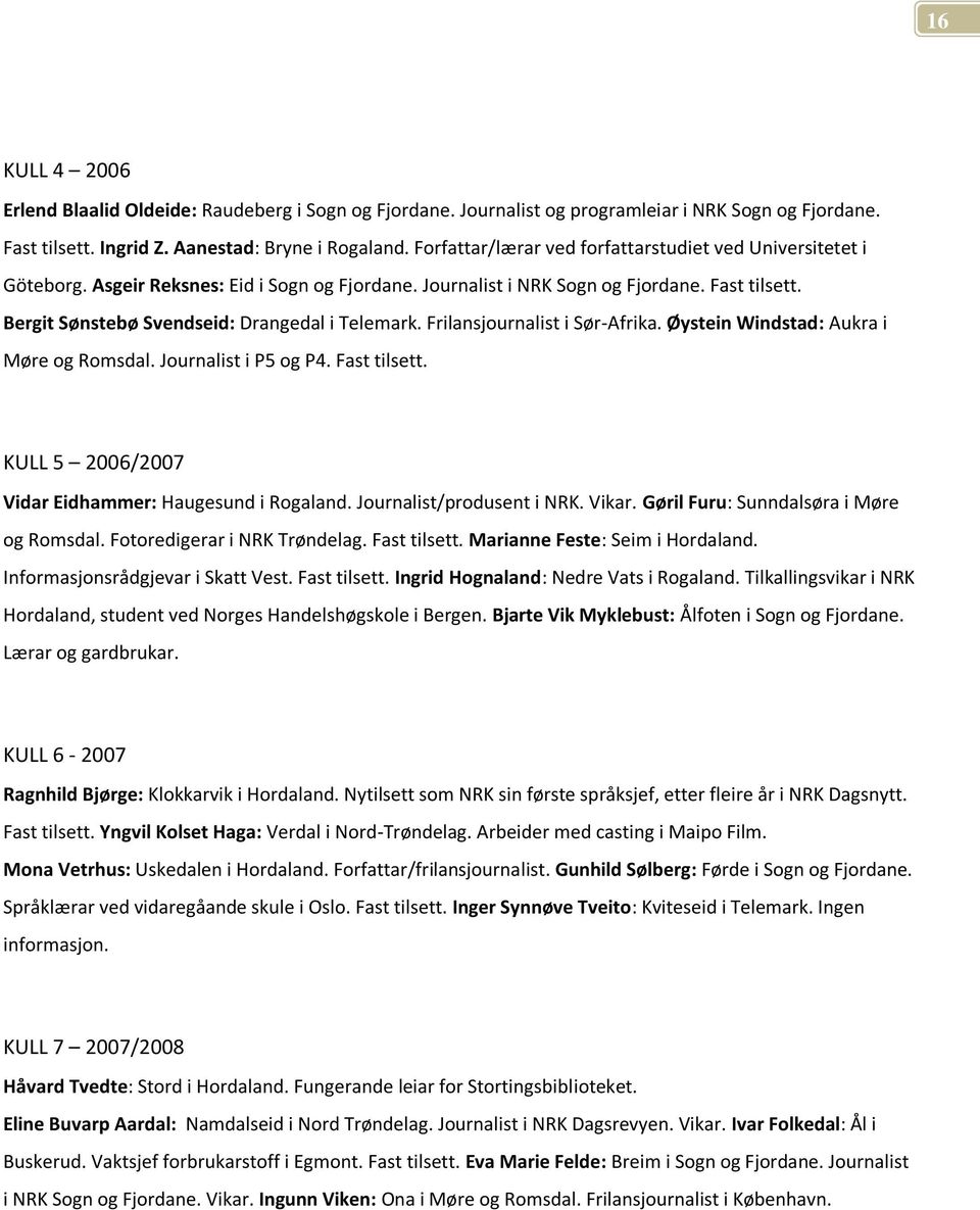 Bergit Sønstebø Svendseid: Drangedal i Telemark. Frilansjournalist i Sør-Afrika. Øystein Windstad: Aukra i Møre og Romsdal. Journalist i P5 og P4. Fast tilsett.