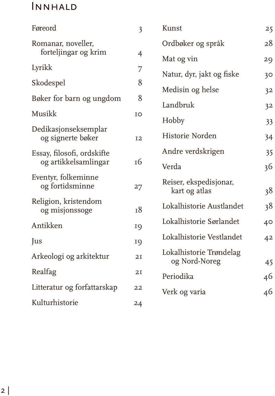 22 Kulturhistorie 24 Kunst 25 Ordbøker og språk 28 Mat og vin 29 Natur, dyr, jakt og fiske 30 Medisin og helse 32 Landbruk 32 Hobby 33 Historie Norden 34 Andre verdskrigen 35 Verda 36