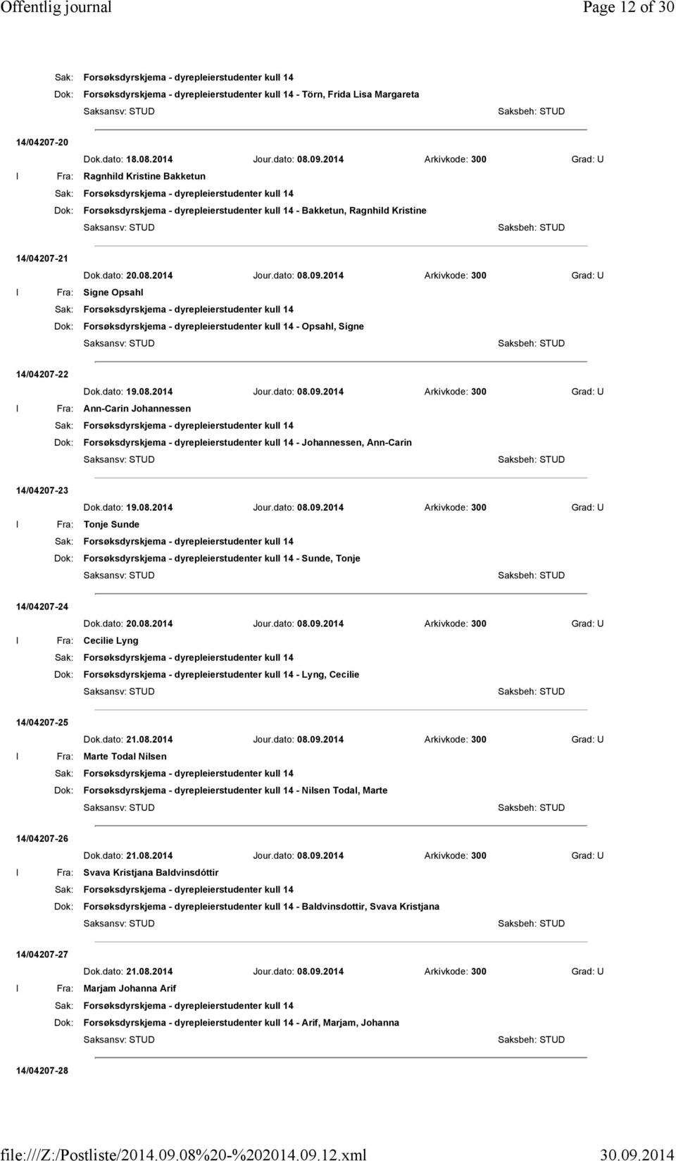 2014 Arkivkode: 300 Grad: U I Fra: Signe Opsahl Dok: Forsøksdyrskjema - dyrepleierstudenter kull 14 - Opsahl, Signe 14/04207-22 Dok.dato: 19.08.2014 Jour.dato: 08.09.