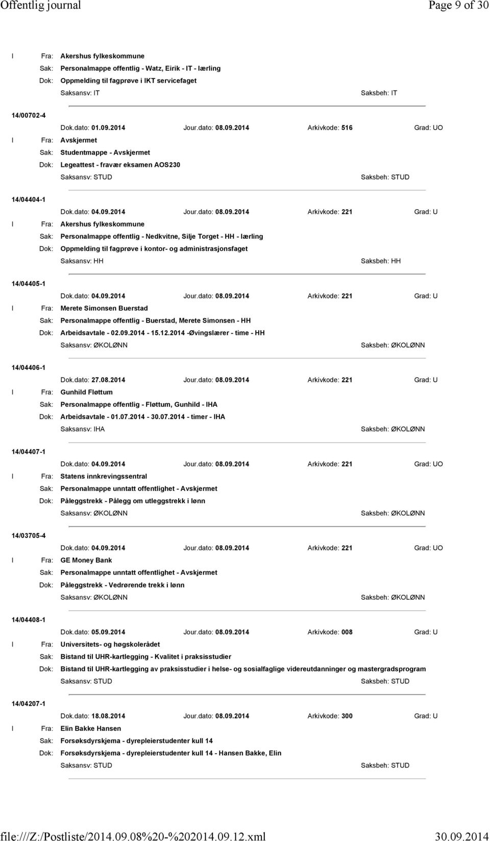 U I Fra: Akershus fylkeskommune Sak: Personalmappe offentlig - Nedkvitne, Silje Torget - HH - lærling Dok: Oppmelding til fagprøve i kontor- og administrasjonsfaget 14/04405-1 Dok.dato: 04.09.