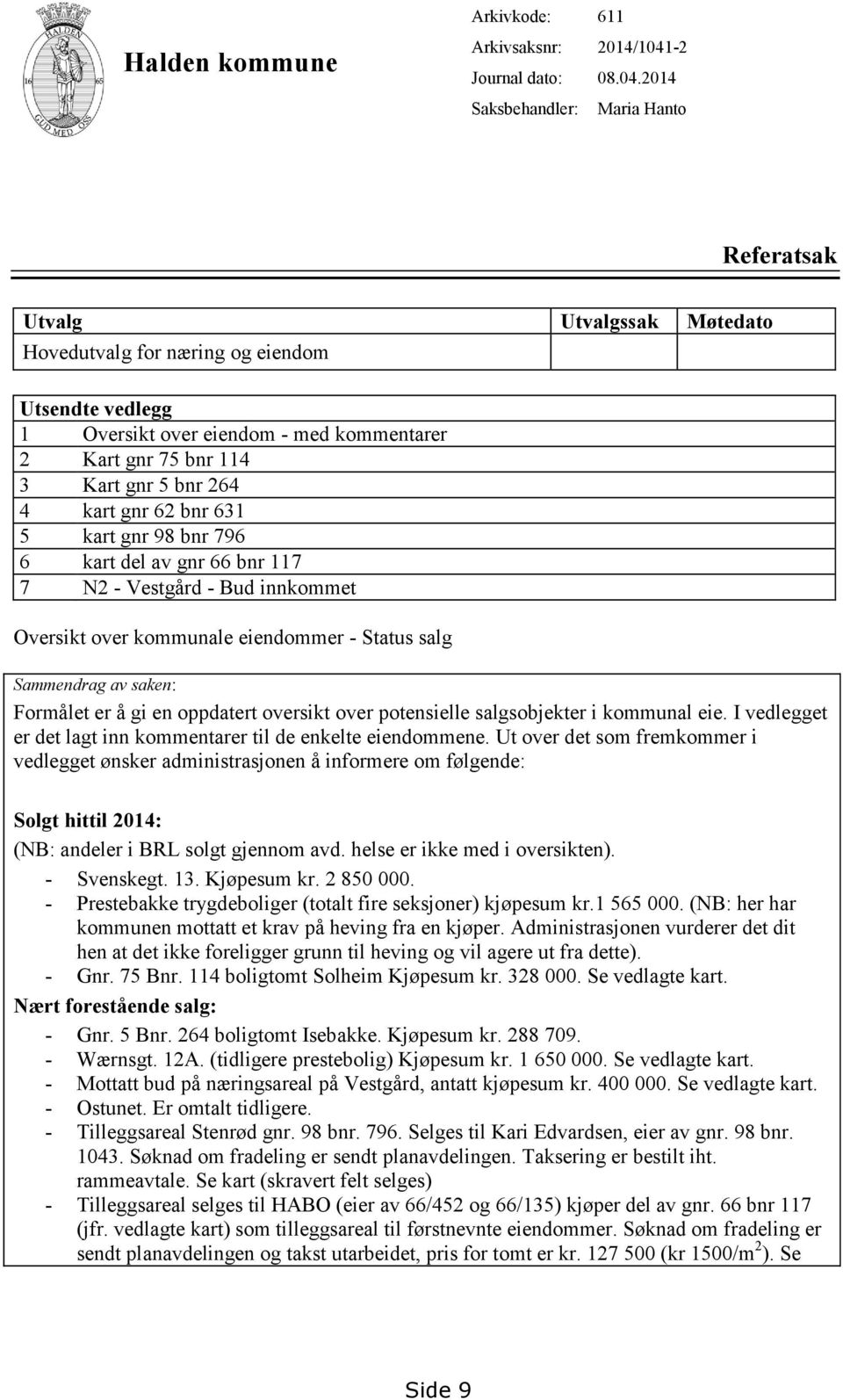 2014 Maria Hanto Referatsak Utvalg Utvalgssak Møtedato Hovedutvalg for næring og eiendom Utsendte vedlegg 1 Oversikt over eiendom - med kommentarer 2 Kart gnr 75 bnr 114 3 Kart gnr 5 bnr 264 4 kart