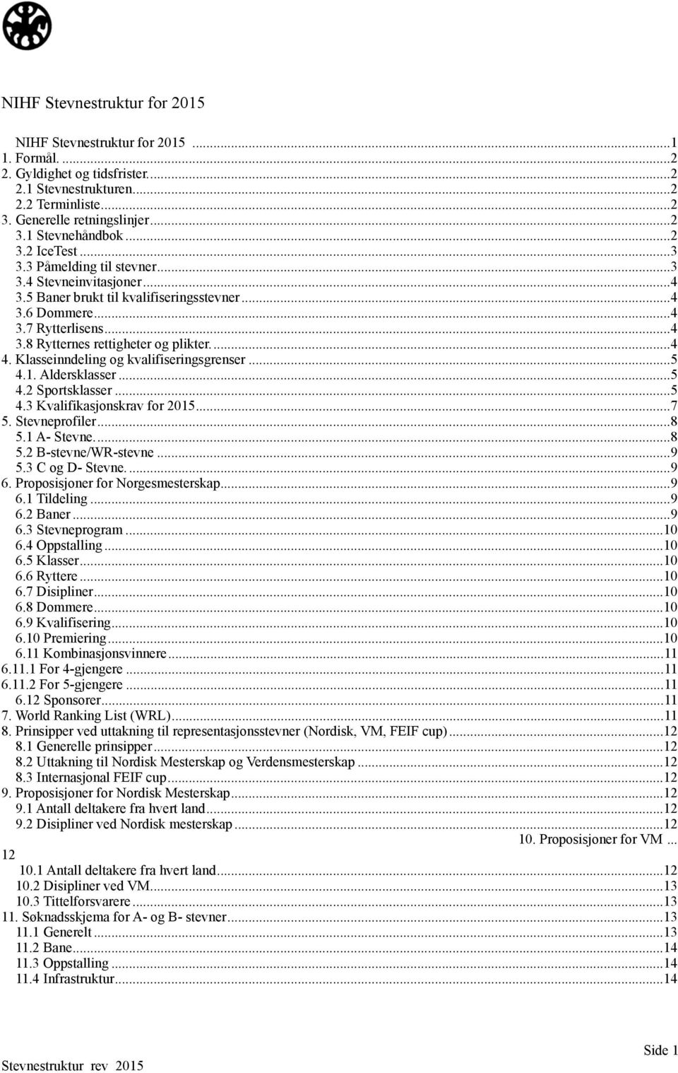 ... 4 4. Klasseinndeling og kvalifiseringsgrenser... 5 4.1. Aldersklasser... 5 4.2 Sportsklasser... 5 4.3 Kvalifikasjonskrav for 2015... 7 5. Stevneprofiler... 8 5.1 A- Stevne.... 8 5.2 B-stevne/WR-stevne.