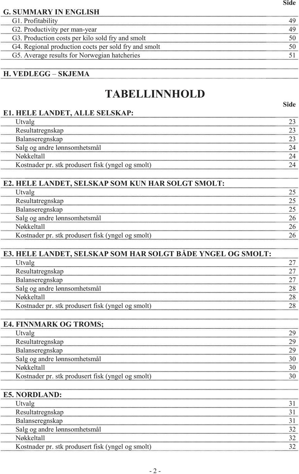 HELE LANDET, ALLE SELSKAP: Utvalg 23 Resultatregnskap 23 Balanseregnskap 23 Salg og andre lønnsomhetsmål 24 Nøkkeltall 24 Kostnader pr. stk produsert fisk (yngel og smolt) 24 E2.