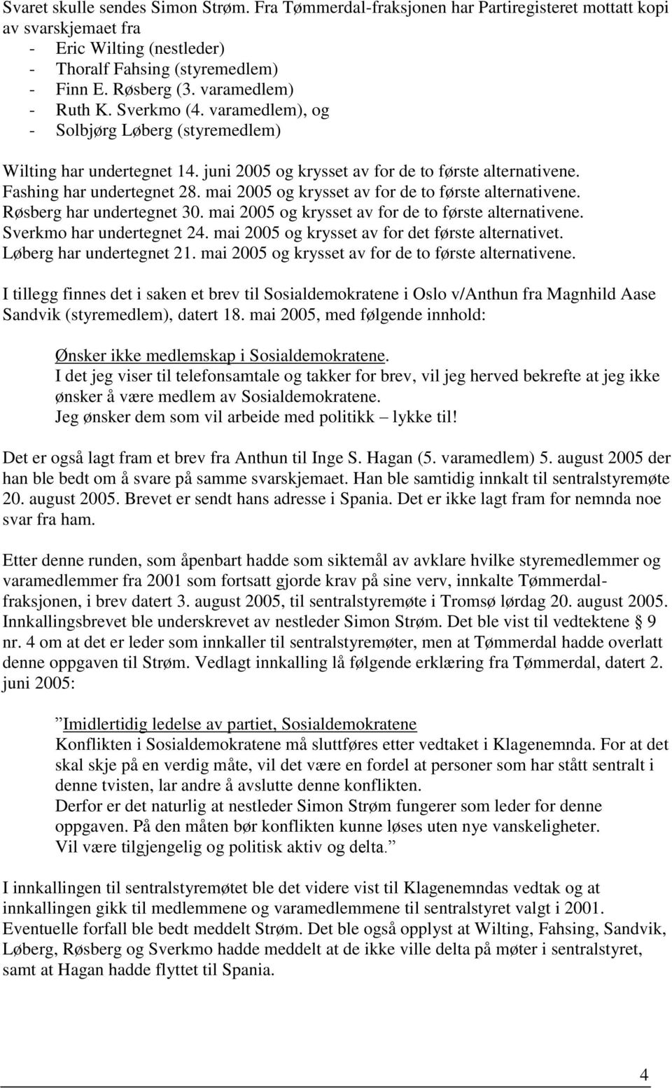 mai 2005 og krysset av for de to første alternativene. Røsberg har undertegnet 30. mai 2005 og krysset av for de to første alternativene. Sverkmo har undertegnet 24.