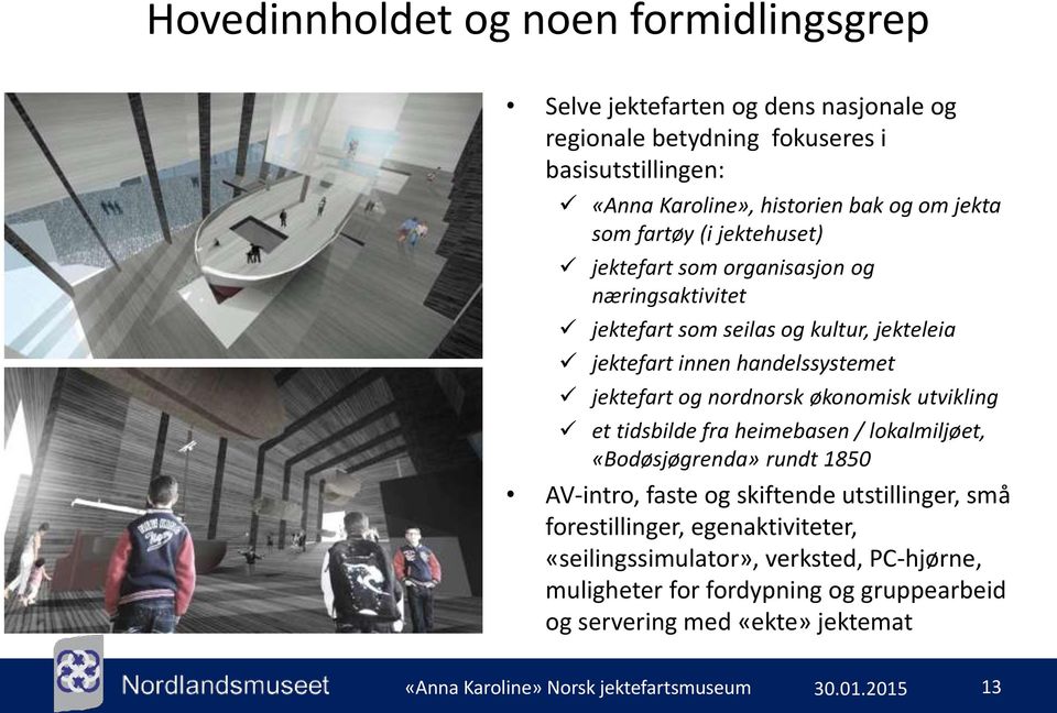 nordnorsk økonomisk utvikling et tidsbilde fra heimebasen / lokalmiljøet, «Bodøsjøgrenda» rundt 1850 AV-intro, faste og skiftende utstillinger, små forestillinger,