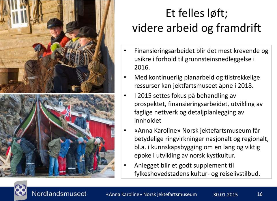 I 2015 settes fokus på behandling av prospektet, finansieringsarbeidet, utvikling av faglige nettverk og detaljplanlegging av innholdet «Anna Karoline» Norsk