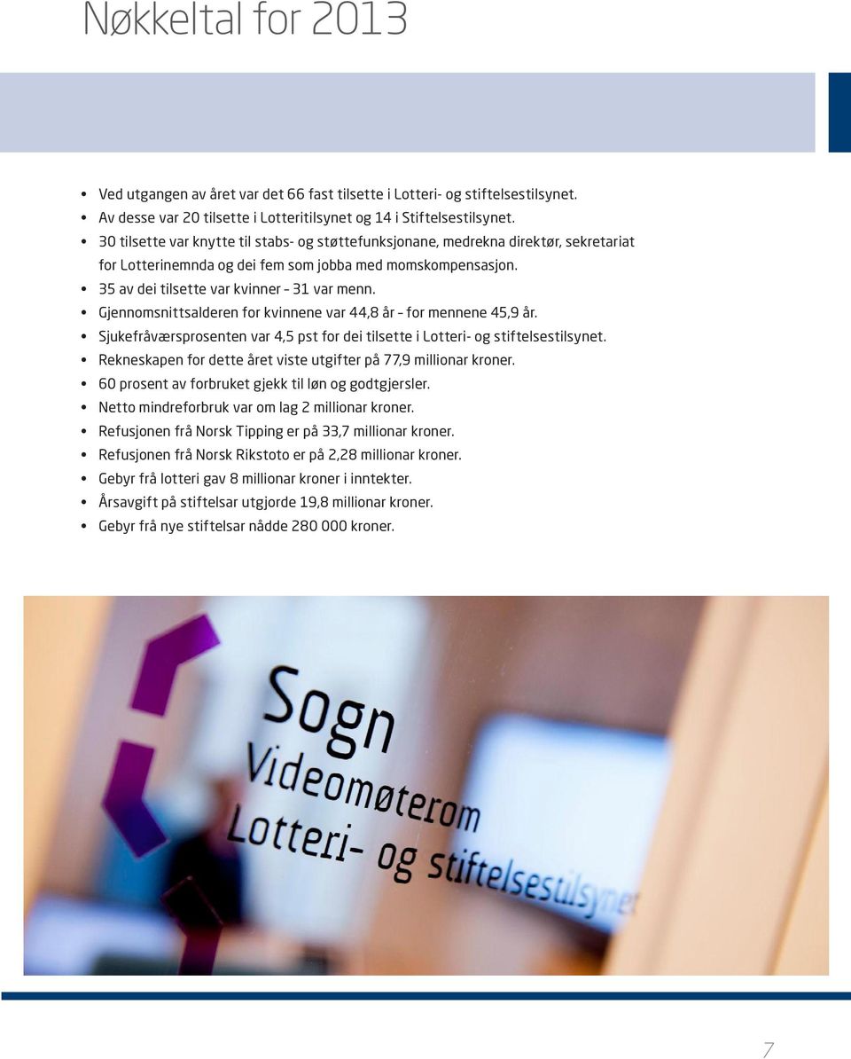 Gjennomsnittsalderen for kvinnene var 44,8 år for mennene 45,9 år. Sjukefråværsprosenten var 4,5 pst for dei tilsette i Lotteri- og stiftelsestilsynet.