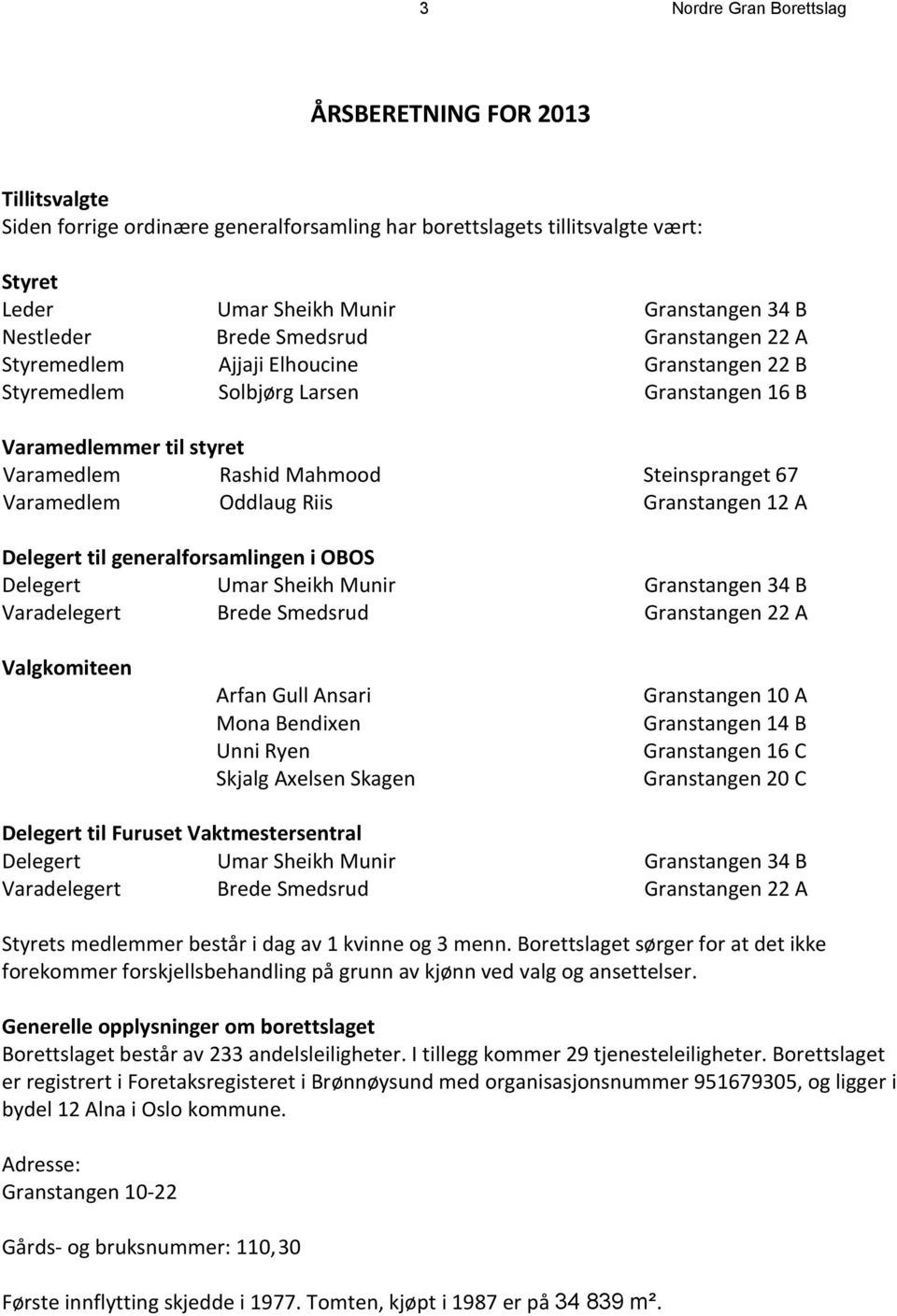 Varamedlem Oddlaug Riis Granstangen 12 A Delegert til generalforsamlingen i OBOS Delegert Umar Sheikh Munir Granstangen 34 B Varadelegert Brede Smedsrud Granstangen 22 A Valgkomiteen Arfan Gull