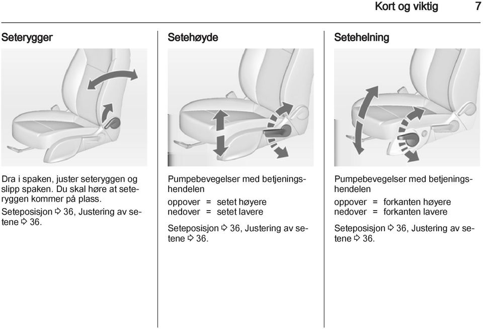 Pumpebevegelser med betjeningshendelen oppover = setet høyere nedover = setet lavere Seteposisjon 3 36, Justering