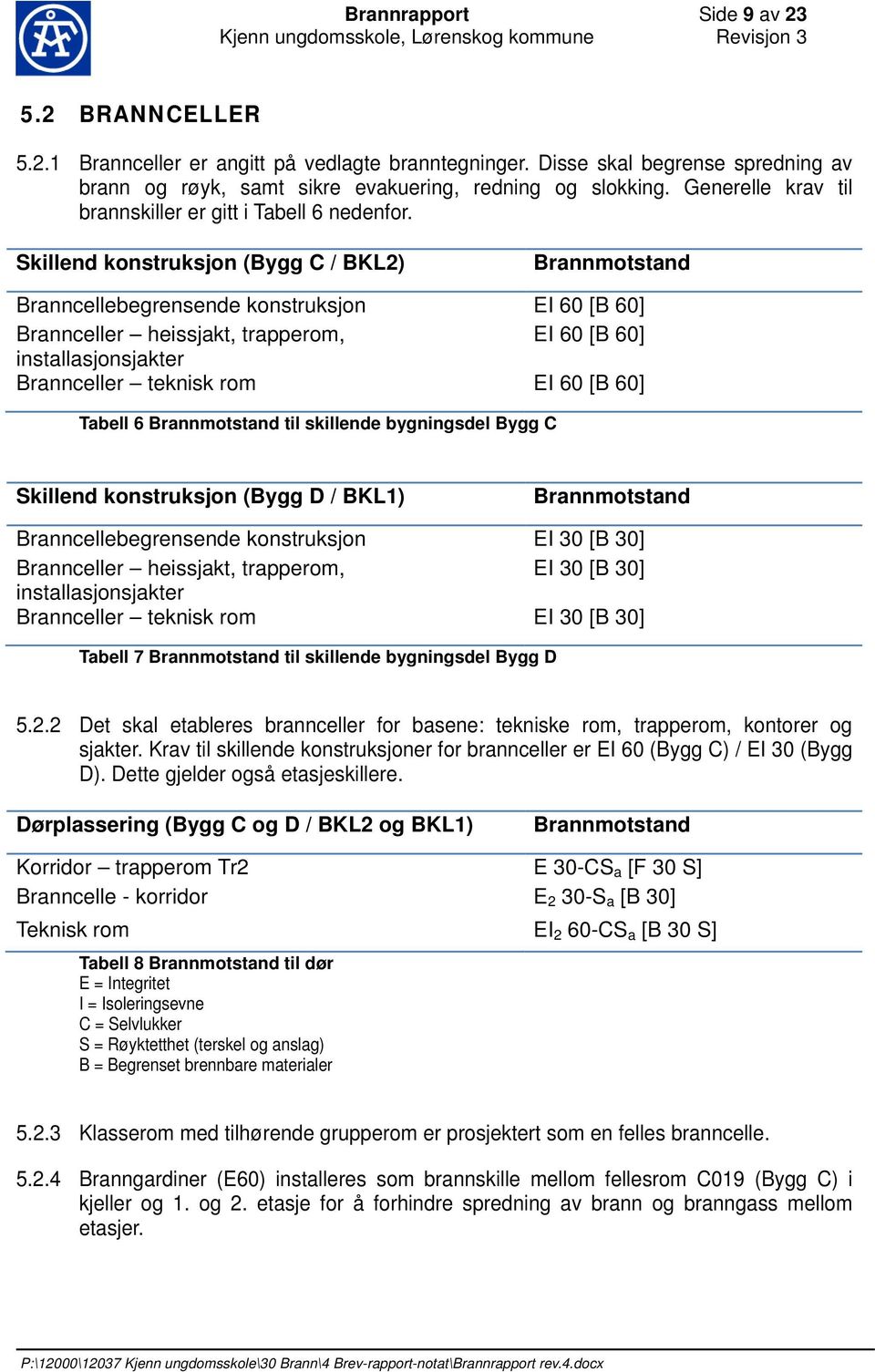 Skillend konstruksjon (Bygg C / BKL2) Brannmotstand Branncellebegrensende konstruksjon EI 60 [B 60] Brannceller heissjakt, trapperom, EI 60 [B 60] installasjonsjakter Brannceller teknisk rom EI 60 [B