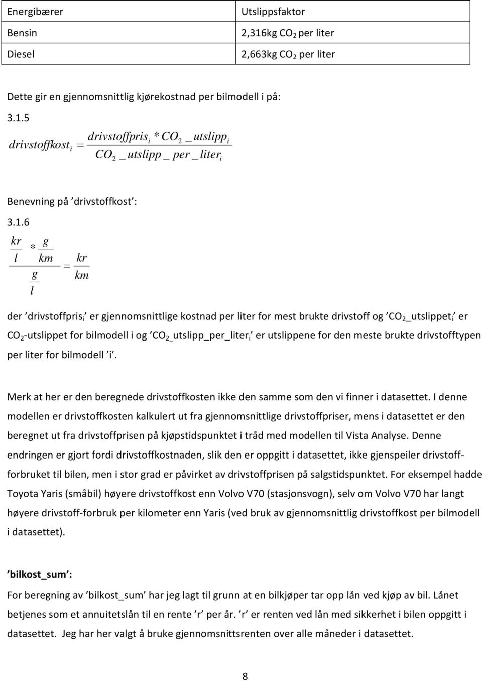 utslippene for den meste brukte drivstofftypen per liter for bilmodell i. Merk at her er den beregnede drivstoffkosten ikke den samme som den vi finner i datasettet.