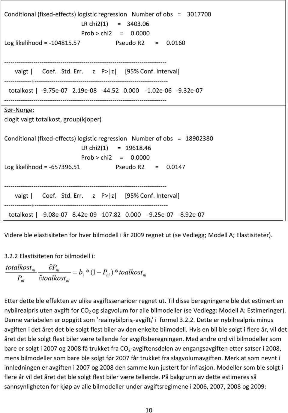 32e 07 Sør Norge: clogit valgt totalkost, group(kjoper) Conditional (fixed effects) logistic regression Number of obs = 18902380 LR chi2(1) = 19618.46 Prob > chi2 = 0.0000 Log likelihood = 657396.