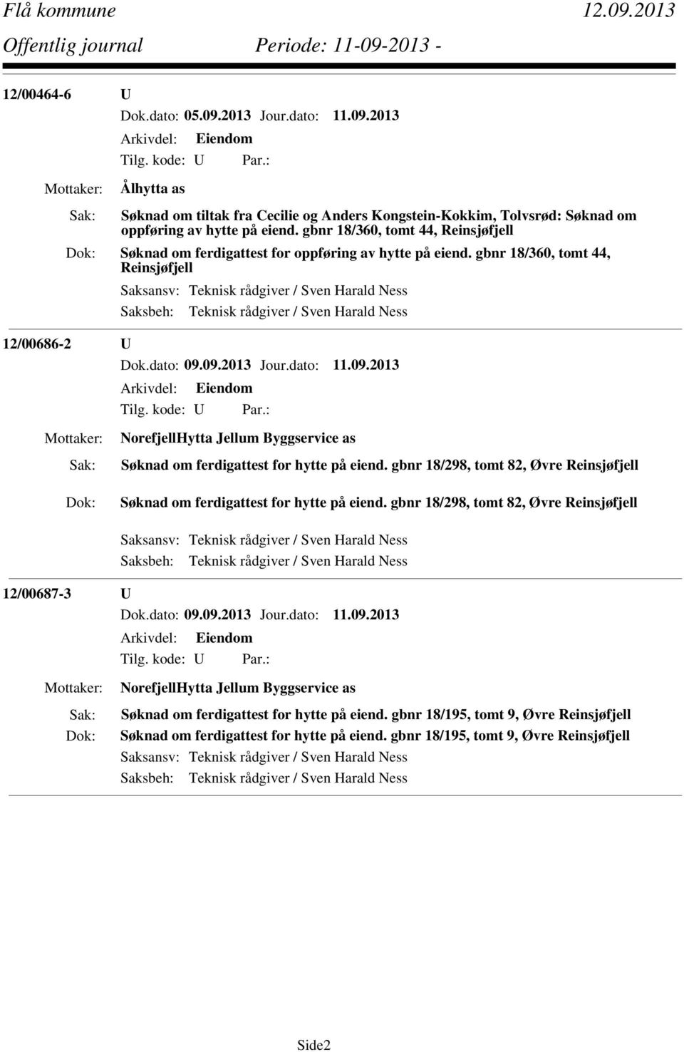 09.2013 Jour.dato: 11.09.2013 NorefjellHytta Jellum Byggservice as Søknad om ferdigattest for hytte på eiend. gbnr 18/298, tomt 82, Øvre Reinsjøfjell Søknad om ferdigattest for hytte på eiend.