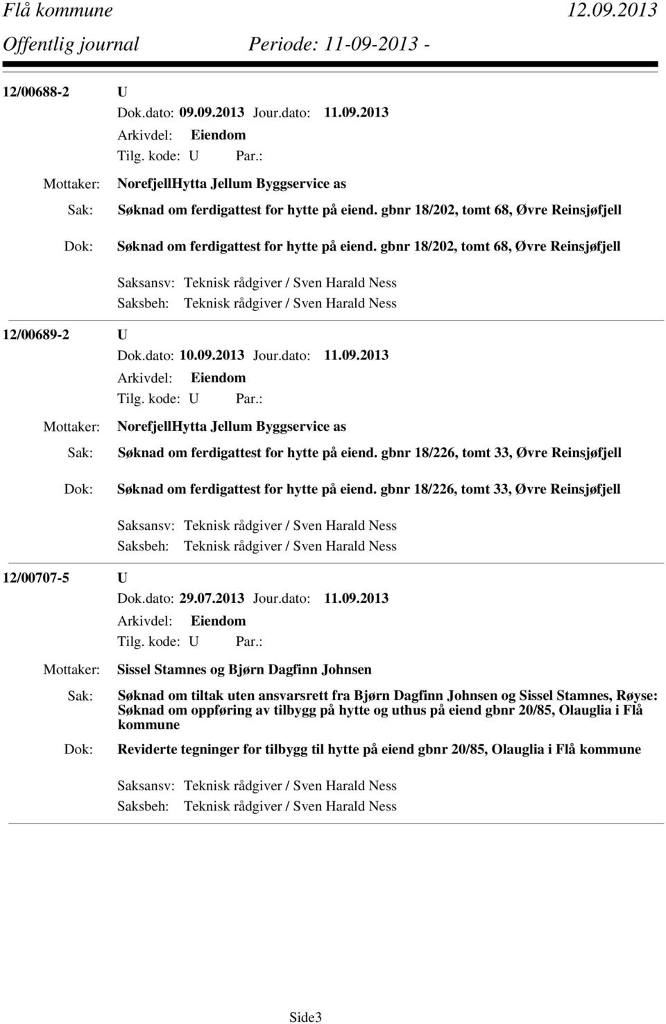 2013 Jour.dato: 11.09.2013 NorefjellHytta Jellum Byggservice as Søknad om ferdigattest for hytte på eiend. gbnr 18/226, tomt 33, Øvre Reinsjøfjell Søknad om ferdigattest for hytte på eiend.