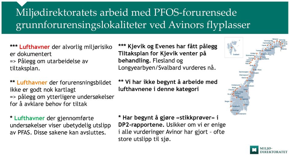 ** Lufthavner der forurensningsbildet ikke er godt nok kartlagt => pålegg om ytterligere undersøkelser for å avklare behov for tiltak * Lufthavner der gjennomførte undersøkelser viser