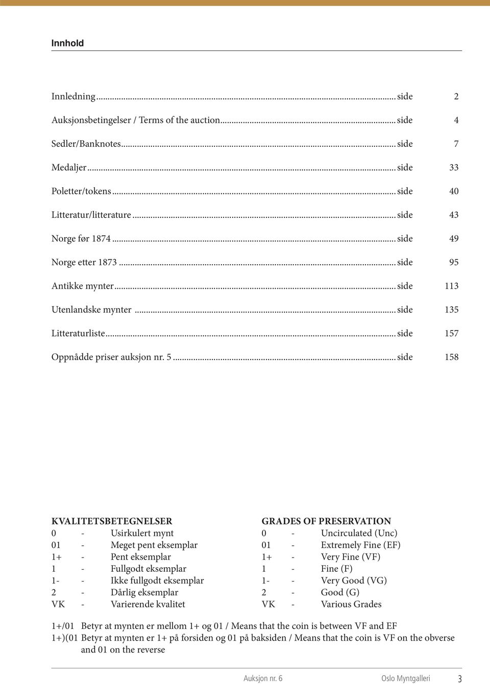 ..side 158 KVALITETSBETEGNELSER 0 - Usirkulert mynt 01 - Meget pent eksemplar 1+ - Pent eksemplar 1 - Fullgodt eksemplar 1- - Ikke fullgodt eksemplar 2 - Dårlig eksemplar VK - Varierende kvalitet