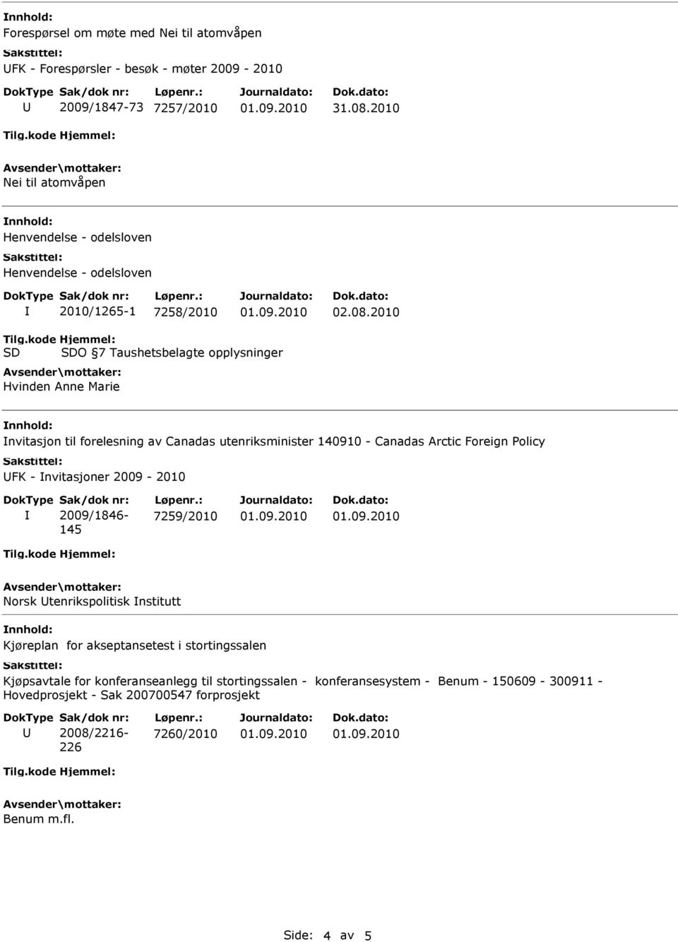 kode SD Hjemmel: SDO 7 Taushetsbelagte opplysninger Hvinden Anne Marie nvitasjon til forelesning av Canadas utenriksminister 140910 - Canadas Arctic Foreign Policy FK -