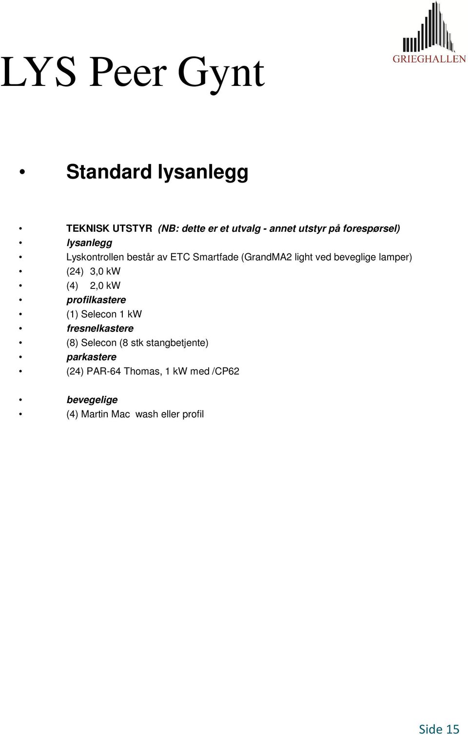 lamper) (24) 3,0 kw (4) 2,0 kw profilkastere (1) Selecon 1 kw fresnelkastere (8) Selecon (8 stk