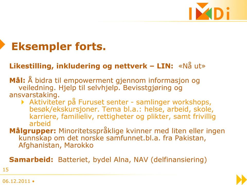 svarstaking. Aktiviteter på Furuset senter - samlinger workshops, besøk/ekskursjoner. Tema bl.a.: helse, arbeid, skole, karriere,