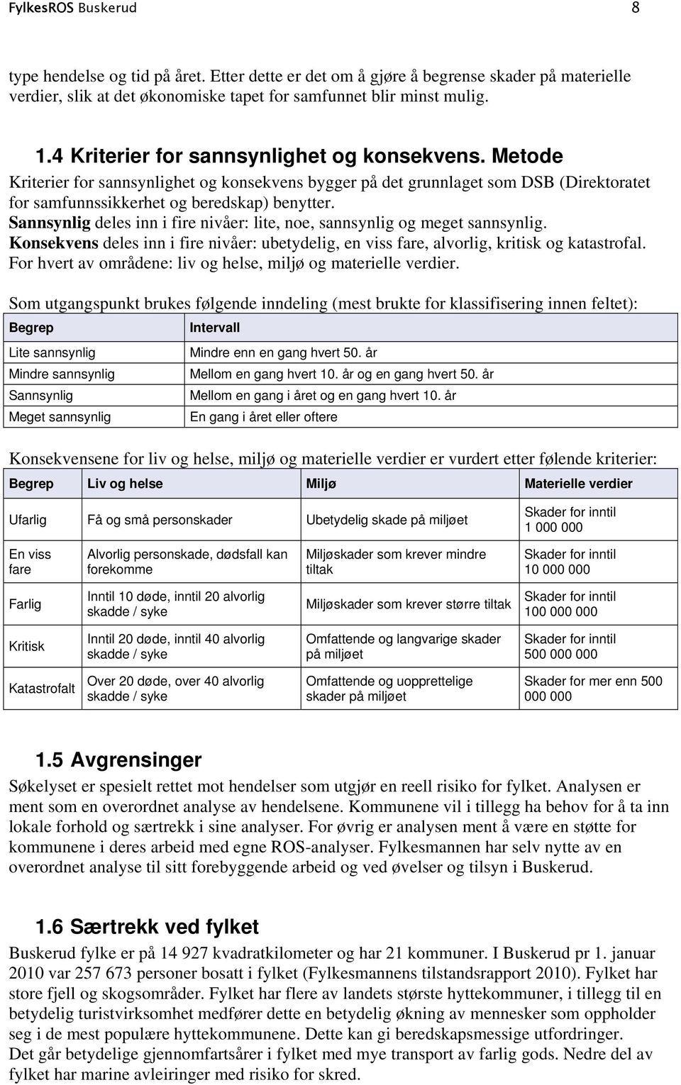 Sannsynlig deles inn i fire nivåer: lite, noe, sannsynlig og meget sannsynlig. Konsekvens deles inn i fire nivåer: ubetydelig, en viss fare, alvorlig, kritisk og katastrofal.