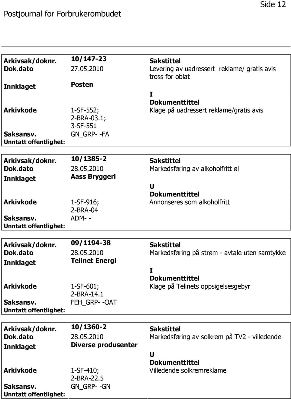 2010 Markedsføring av alkoholfritt øl nnklaget Aass Bryggeri 1-SF-916; 2-BRA-04 Annonseres som alkoholfritt ADM- - Arkivsak/doknr. 09/1194-38 Sakstittel Dok.dato 28.05.