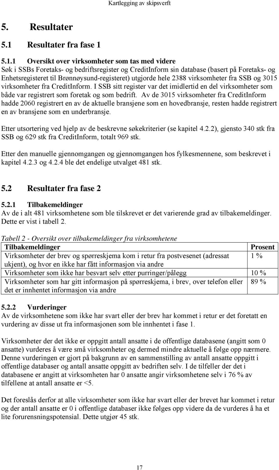 5.1.1 Oversikt over virksomheter som tas med videre Søk i SSBs Foretaks- og bedriftsregister og CreditInform sin database (basert på Foretaks- og Enhetsregisteret til Brønnøysund-registeret) utgjorde
