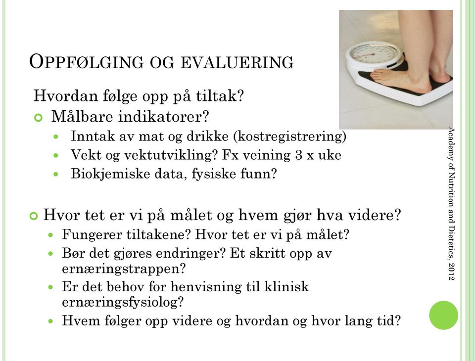 Hvor tet er vi på målet og hvem gjør hva videre? Fungerer tiltakene? Hvor tet er vi på målet? Bør det gjøres endringer?