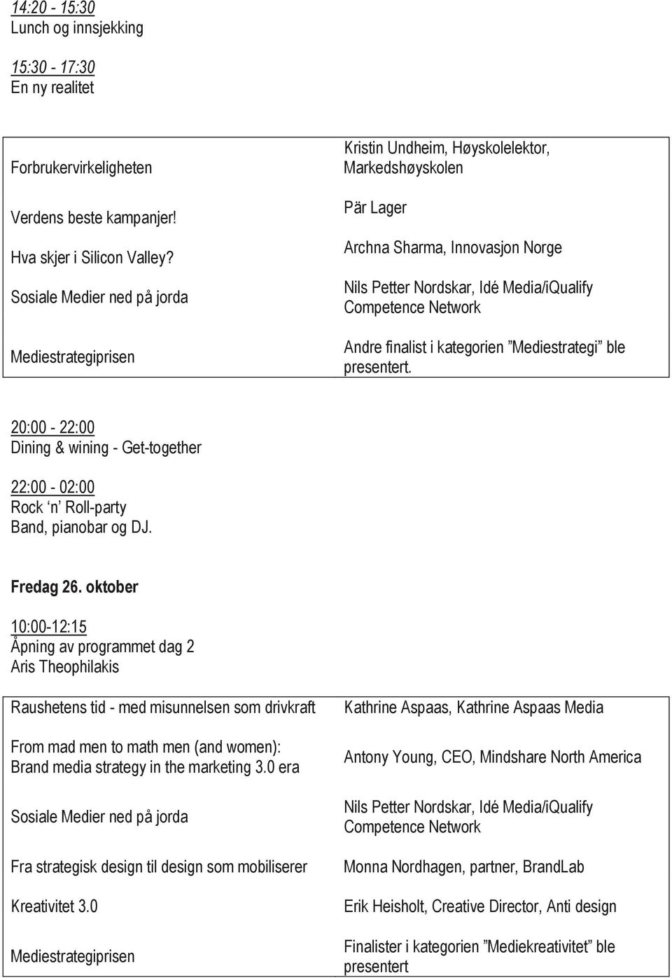 Andre finalist i kategorien Mediestrategi ble presentert. 20:00-22:00 Dining & wining - Get-together 22:00-02:00 Rock n Roll-party Band, pianobar og DJ. Fredag 26.