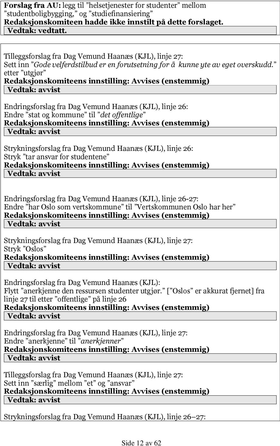 etter utgjør Endringsforslag fra Dag Vemund Haanæs (KJL), linje 26: Endre stat og kommune til det offentlige Strykningsforslag fra Dag Vemund Haanæs (KJL), linje 26: Stryk tar ansvar for studentene