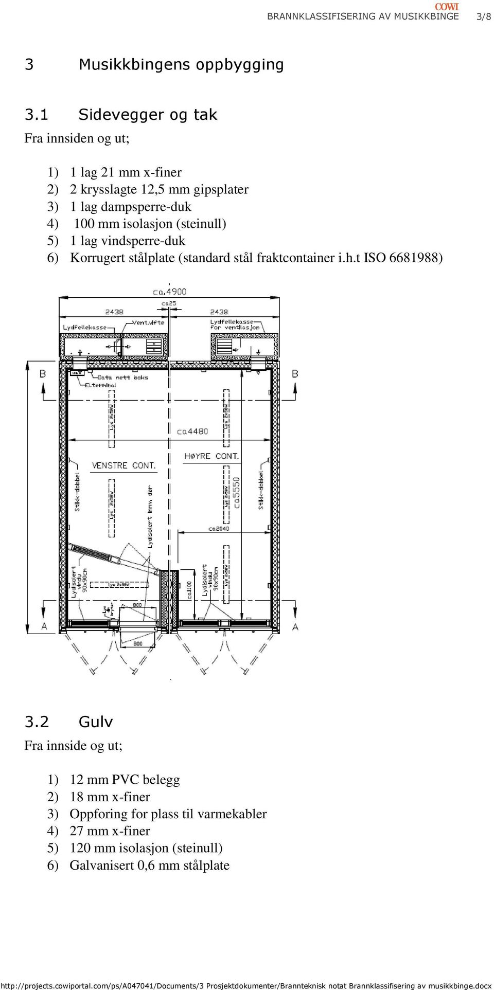 100 mm isolasjon (steinull) 5) 1 lag vindsperre-duk 6) Korrugert stålplate (standard stål fraktcontainer i.h.