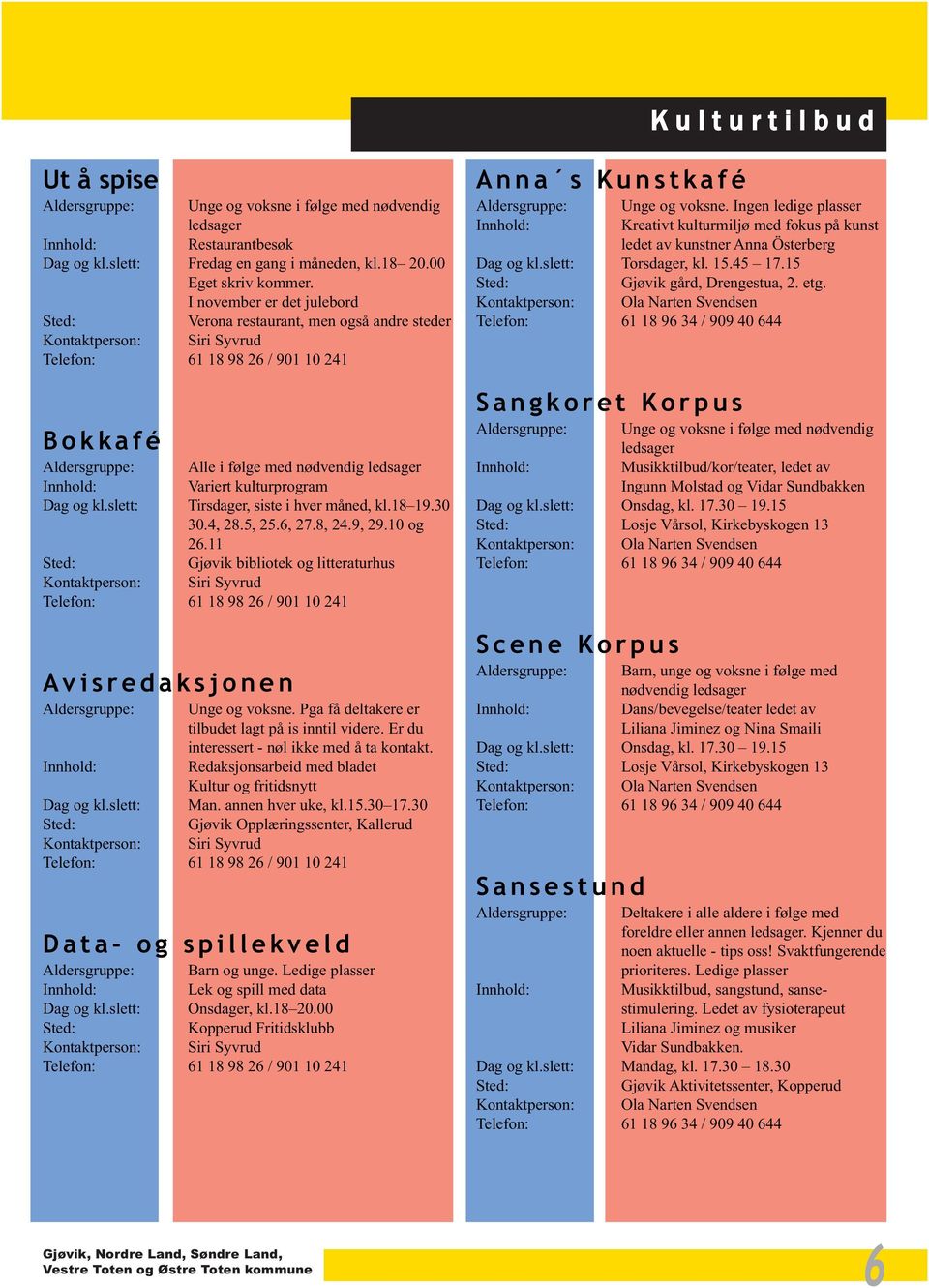 Innhold: Variert kulturprogram Dag og kl.slett: Tirsdager, siste i hver måned, kl.18 19.30 30.4, 28.5, 25.6, 27.8, 24.9, 29.10 og 26.