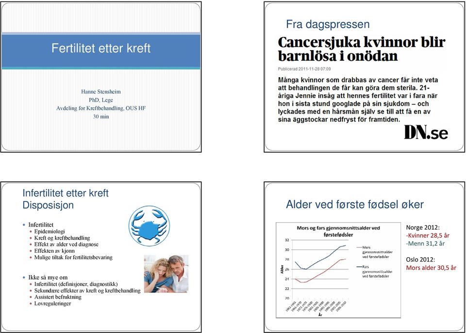 diagnose Effekten av kjønn Mulige tiltak for fertilitetsbevaring Ikke så mye om Infertilitet (definisjoner, diagnostikk)