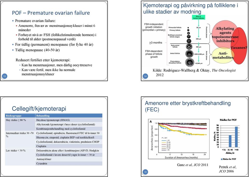 kjemoterapi: Kan ha menstruasjoner, men dårlig oocyttreserve Kan være fertil, men ikke ha normale menstruasjonssykluser 14 Kilde: Rodriguez-Wallberg & Oktay, The Oncologist 2012 Cellegift/kjemoterapi