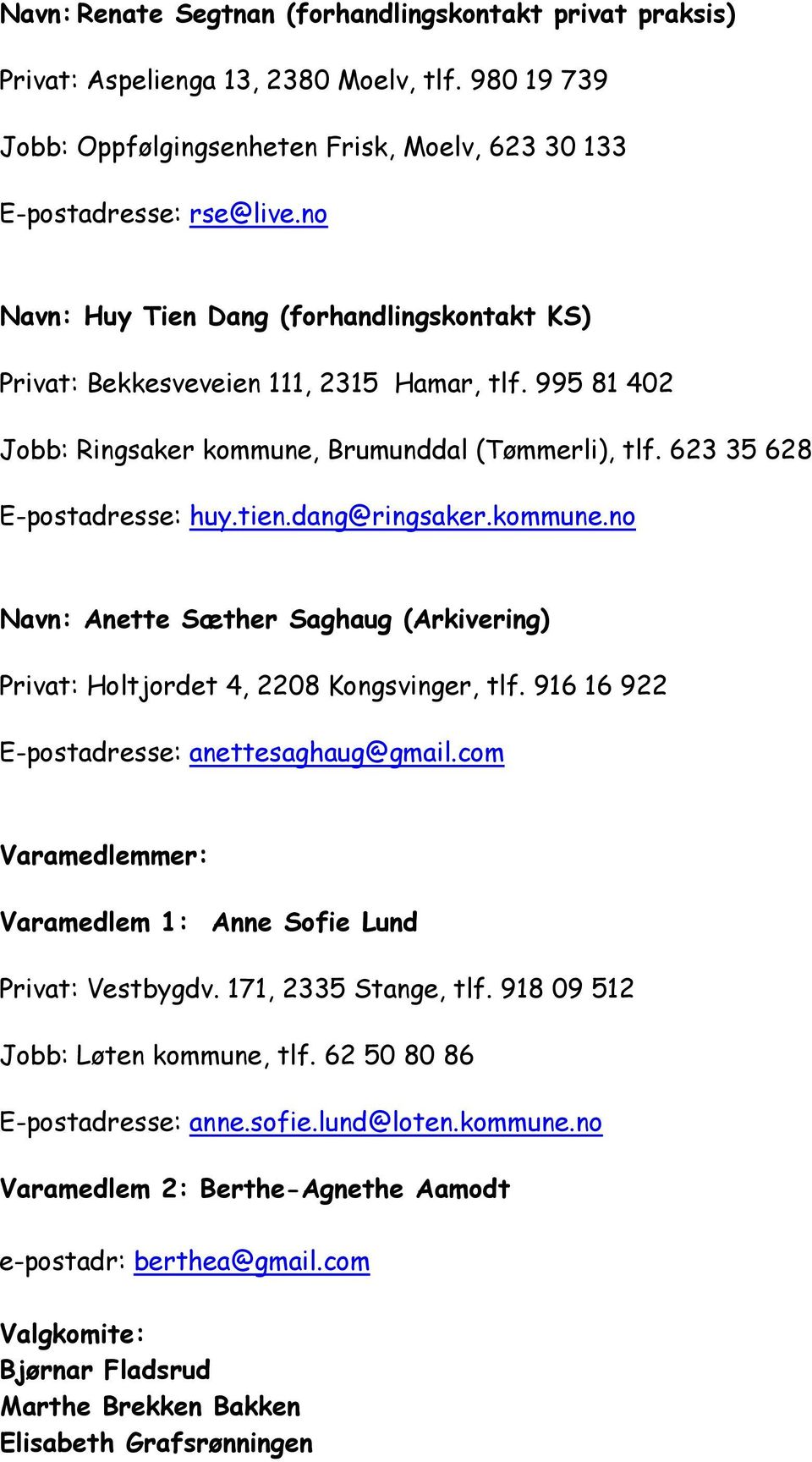 dang@ringsaker.kommune.no Navn: Anette Sæther Saghaug (Arkivering) Privat: Holtjordet 4, 2208, tlf. 916 16 922 E-postadresse: anettesaghaug@gmail.