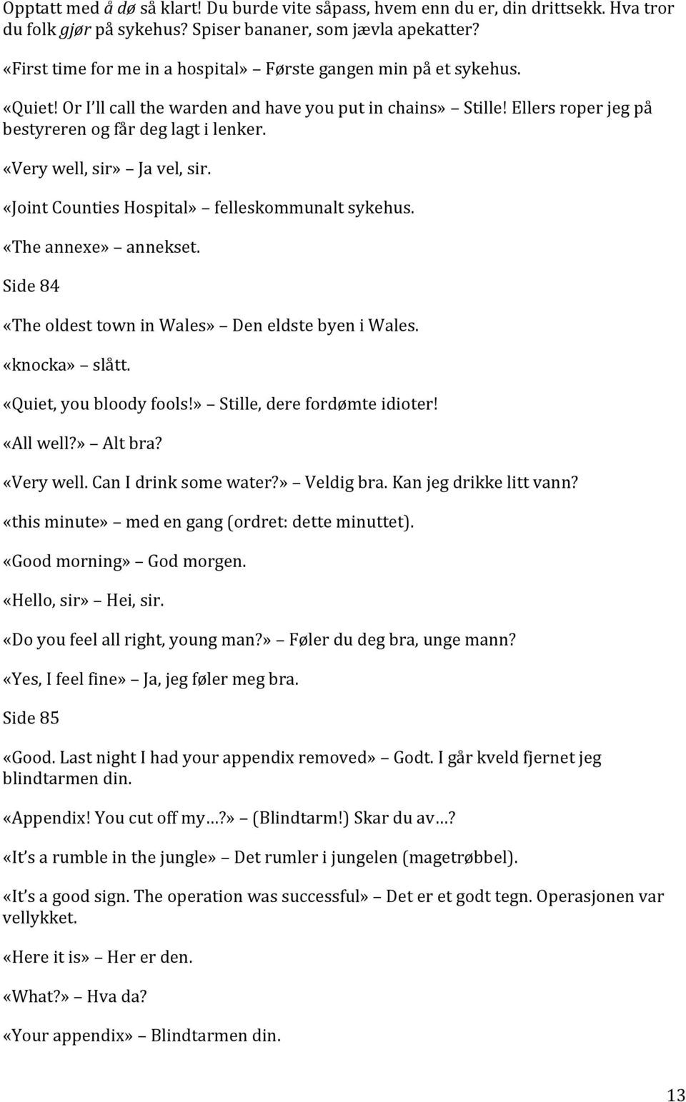 «Very well, sir» Ja vel, sir. «Joint Counties Hospital» felleskommunalt sykehus. «The annexe» annekset. Side 84 «The oldest town in Wales» Den eldste byen i Wales. «knocka» slått.