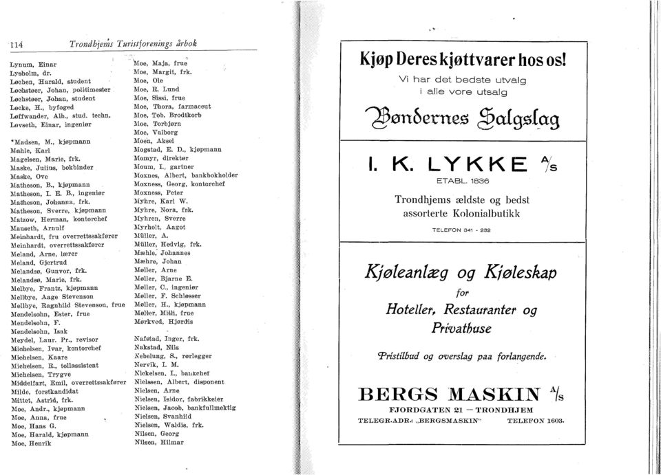 Matbeson, Sverre, kjøpmann Matzow, Herman, kontorchef Mauseth, Arnulf Meinhardt, fru overrettssakfører Meinhardt, overrettssakfører Meland, Arne, lærer Meland, Gjertrud Melandsø, Gunvor, frk.