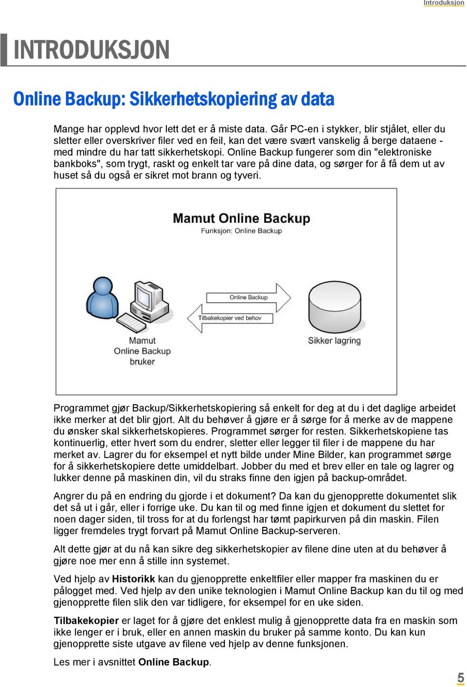 Online Backup fungerer som din "elektroniske bankboks", som trygt, raskt og enkelt tar vare på dine data, og sørger for å få dem ut av huset så du også er sikret mot brann og tyveri.