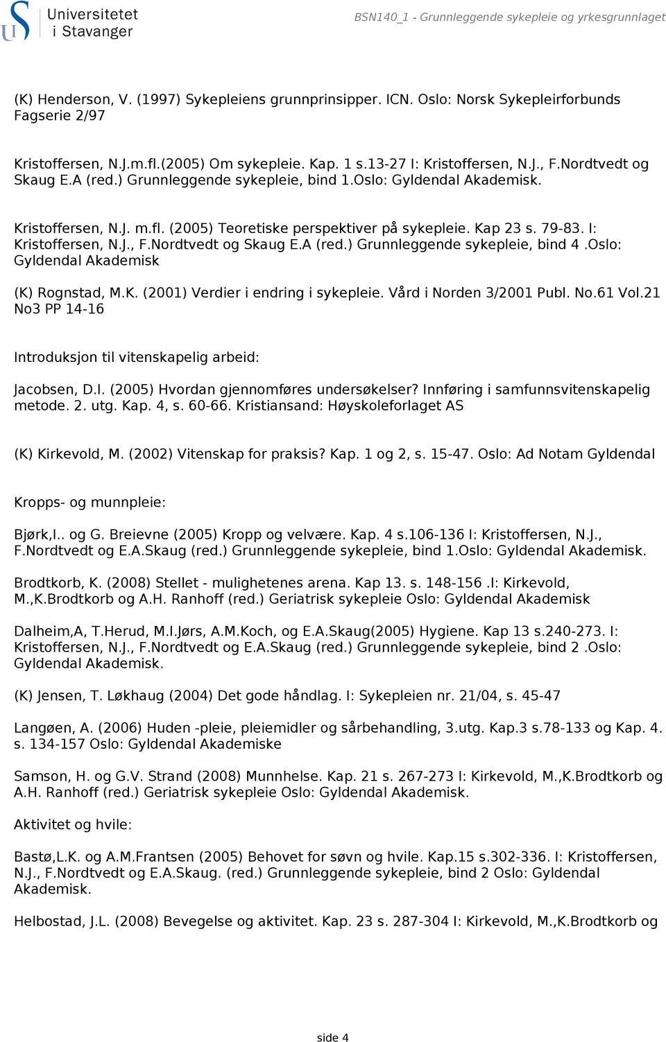 (2005) Teoretiske perspektiver på sykepleie. Kap 23 s. 79-83. I: Kristoffersen, N.J., F.Nordtvedt og Skaug E.A (red.) Grunnleggende sykepleie, bind 4.Oslo: Gyldendal Akademisk (K) Rognstad, M.K. (2001) Verdier i endring i sykepleie.