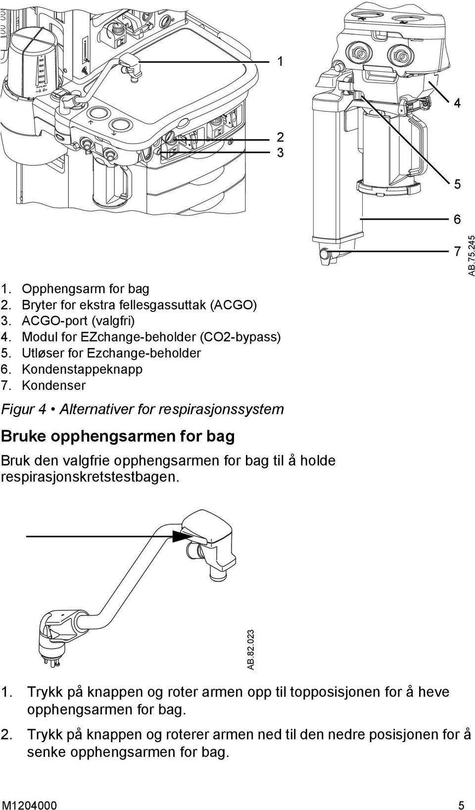 Kondenser Figur 4 Alternativer for respirasjonssystem Bruke opphengsarmen for bag Bruk den valgfrie opphengsarmen for bag til å holde