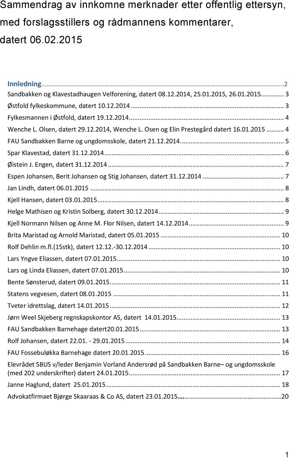 Osen og Elin Prestegård datert 16.01.2015... 4 FAU Sandbakken Barne og ungdomsskole, datert 21.12.2014... 5 Spar Klavestad, datert 31.12.2014... 6 Øistein J. Engen, datert 31.12.2014... 7 Espen Johansen, Berit Johansen og Stig Johansen, datert 31.