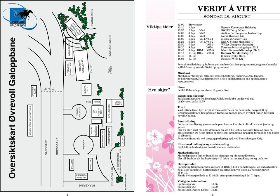 MARKEDSPLASS HESTEUTSTYR TIVOLI TIVOLI PONNIRIDNING Viktige tider Hva skjer? 13.00 Stevnestart 13.10 1. løp Bærum Kommunes Hekkeløp 13.35 2. løp V5-1 SWISS Derby Milen 14.00 3.